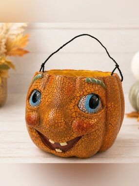 Vintage Style Pumpkin Pail Crackle Halloween Bucket Cute Decor